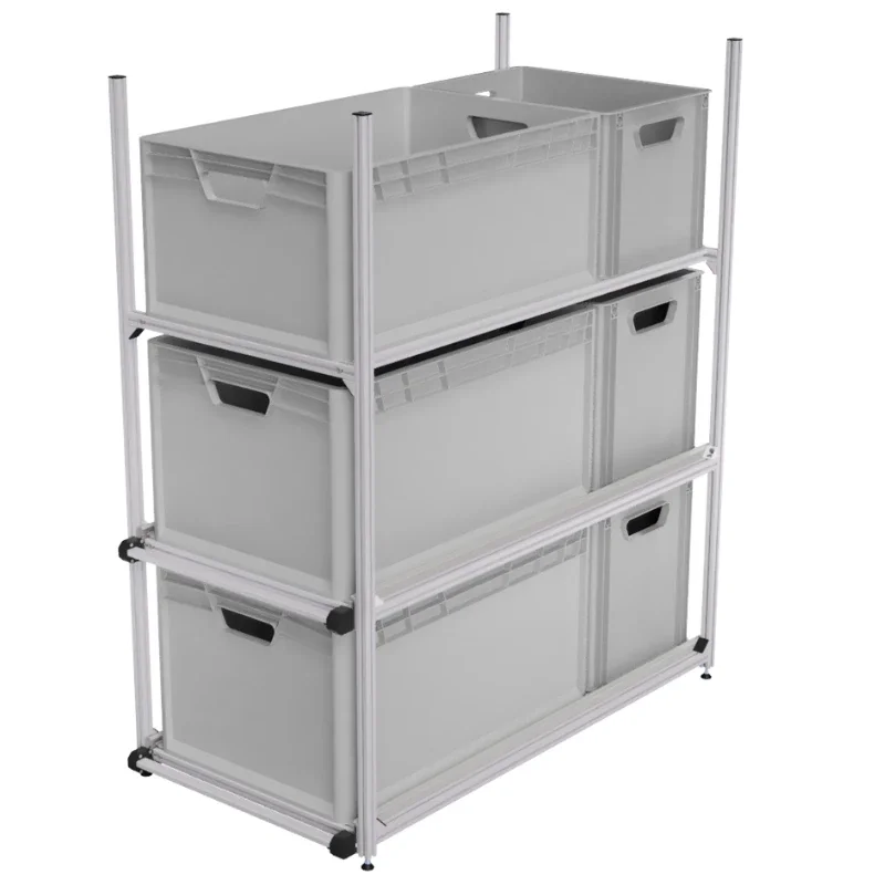 Regalsystem mit 90 langen Teleskopauszügen. Länge 94 cm, Breite 49 cm, Höhe individuell