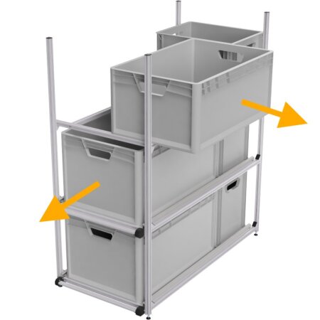 EuroBox-Rahmen für 1 Stück 60x40 cm Box und 1 Stück 40x30 cm Box, Entnahme der Boxen auf langer Seite, inkl. Montagematerial